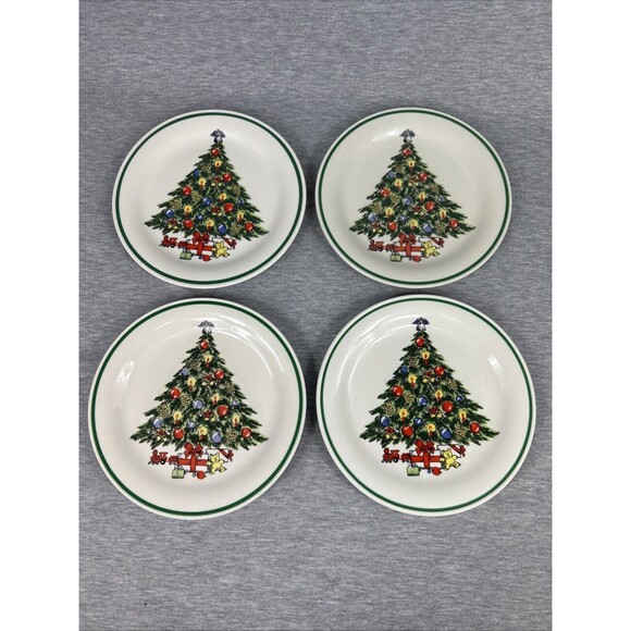 CHRISTMAS TREE Plates, 4 Small 7.5”, Stone Ware, Lynn’s, Vintage - Picture 1 of 16